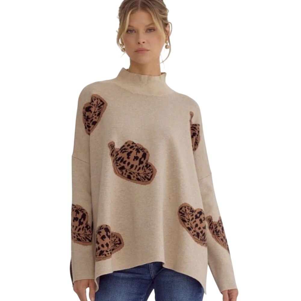 Entro Tan Cowgirl‎ Leopard Print Cowboy Hat Mock Neck Long Sleeve Sweater Small
